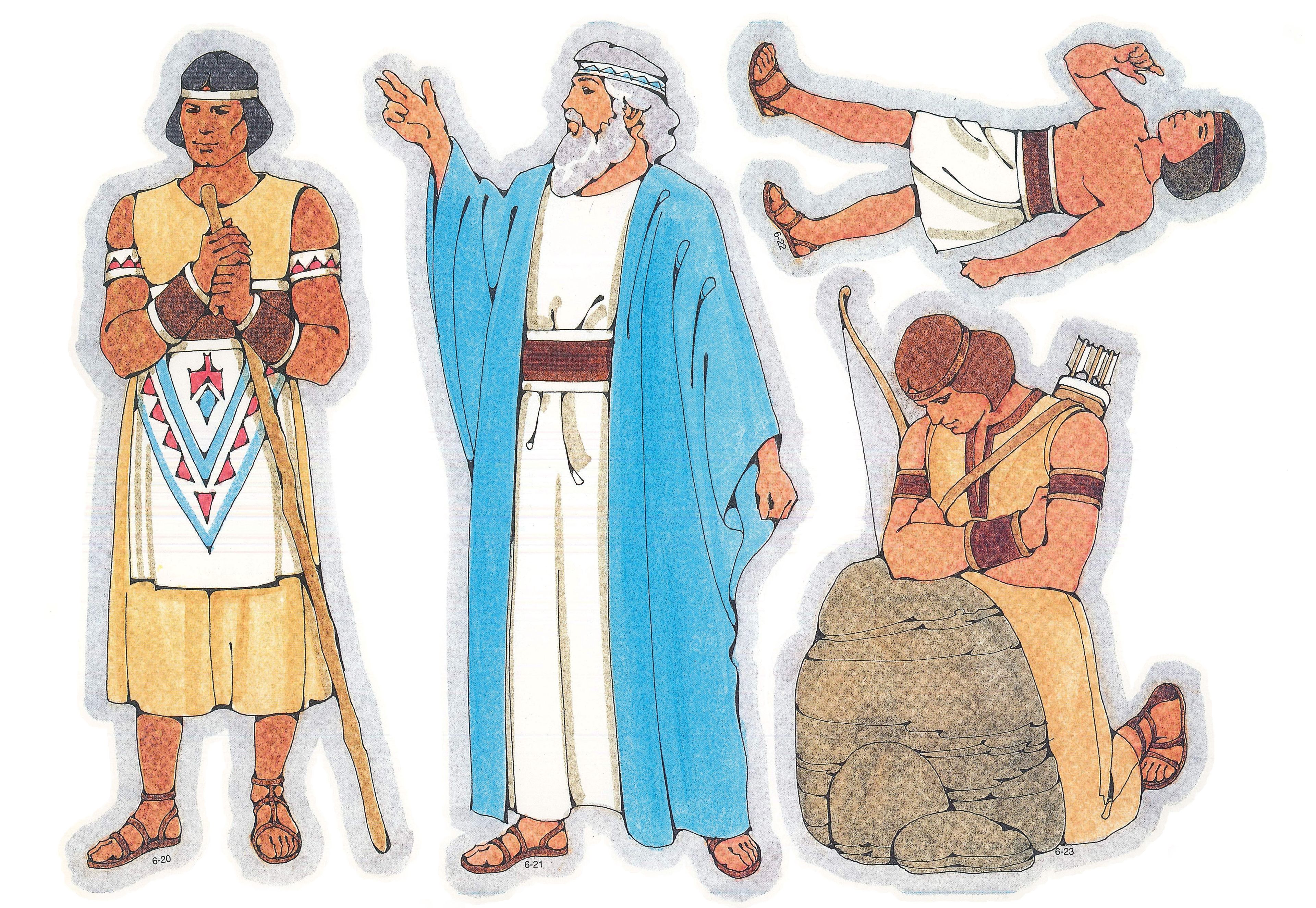 Primary Visual Aids: Cutouts 6-20, Lamanite Man; 6-21, Book of Mormon Prophet; 6-22, Lamanite Boy; 6-23, Enos Praying.