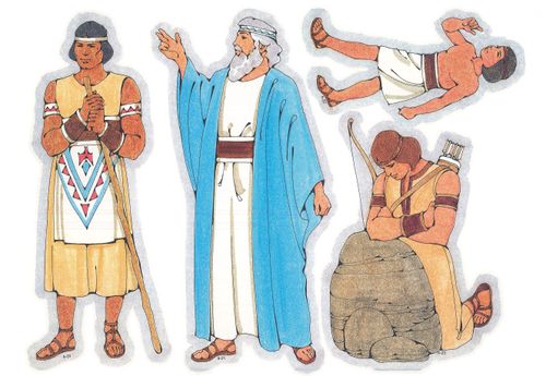 Primary cutouts of a Lamanite man holding a staff, a Book of Mormon prophet standing, a Lamanite boy walking, and the prophet Enos praying by a rock.