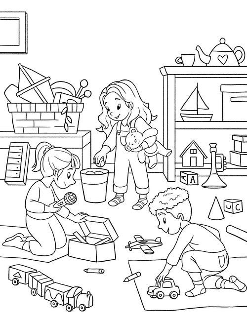 Coloring page of children playing with toys together