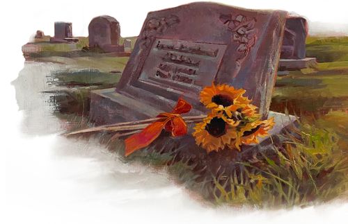 墓碑旁边有一束向日葵