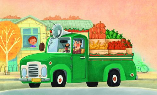 A young boy named Francesco looks out a window of his house. A produce truck is passing by with loudspeaker. There is a large amount of produce like pumpkins, bananas, tomatos, apples, and peppers in the back of the truck. Spot illustration of a family is sitting in their home enjoying a treat while watching General Conference.