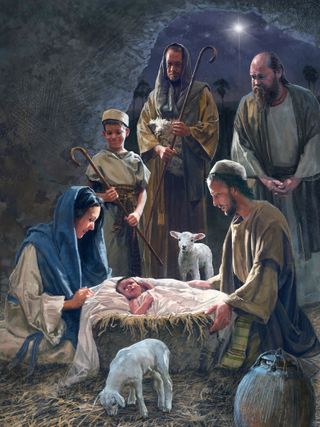 Mary, Joseph, and the shepherds and baby Jesus