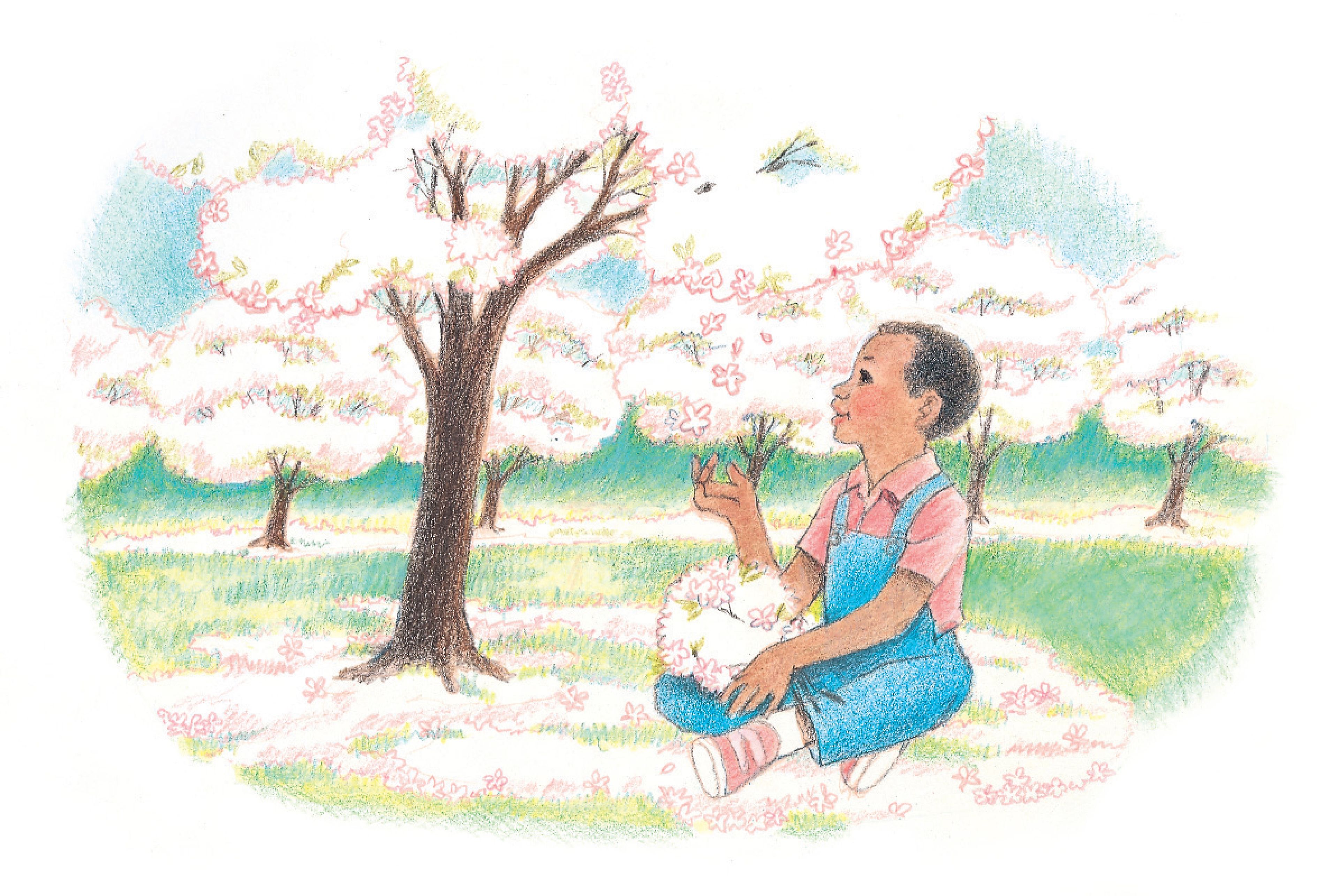 A boy sits on the ground, gathering tree blossoms. From the Children’s Songbook, page 242, “Popcorn Popping”; watercolor illustration by Virginia Sargent.