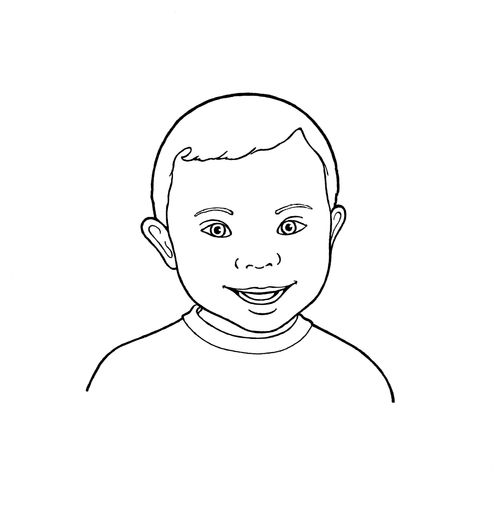A black-and-white illustration of a young boy with Down syndrome smiling and wearing a simple T-shirt.