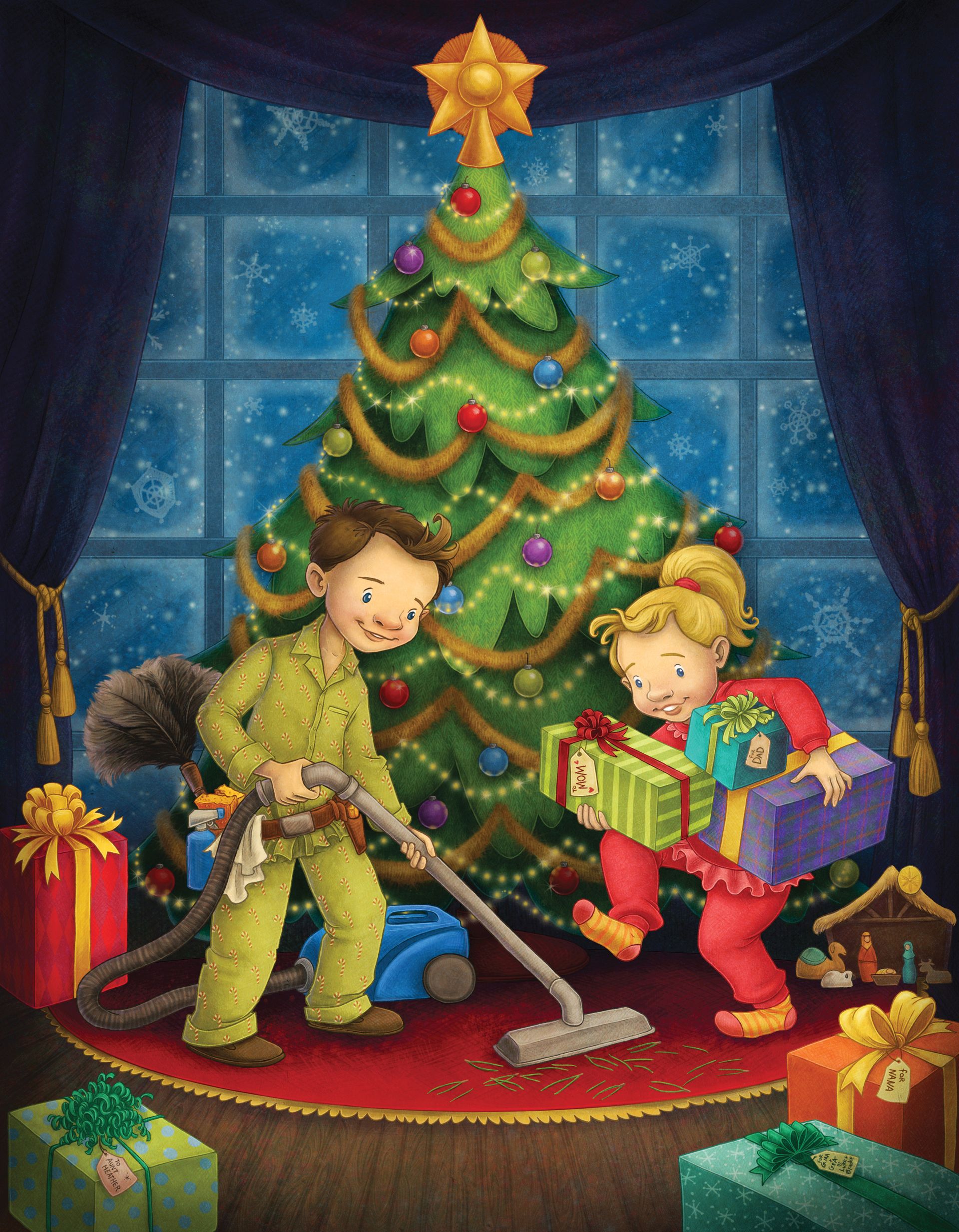 A boy and a girl get ready for Christmas and clean up around a Christmas tree.