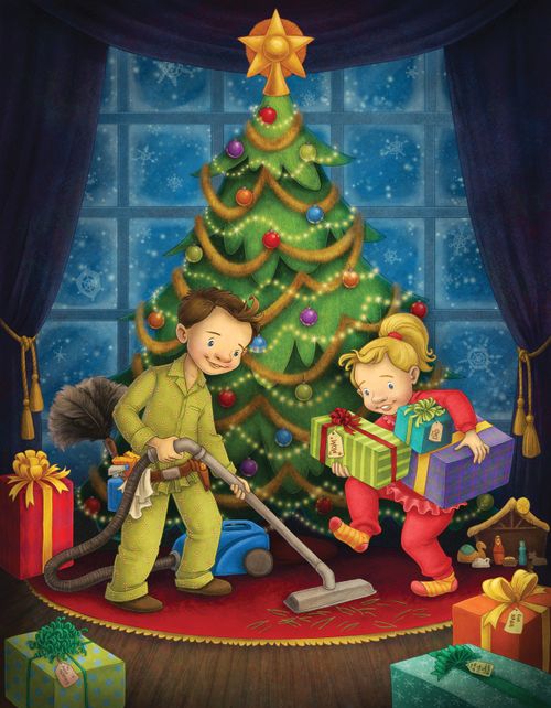 An illustration of a boy in his pajamas vacuuming under a Christmas tree while his sister carries presents under the tree.