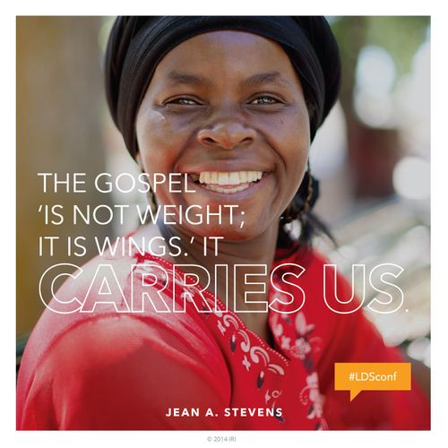 A photograph of a woman smiling, paired with a quote by Sister Jean A. Stevens: “The gospel ‘is not weight.’”