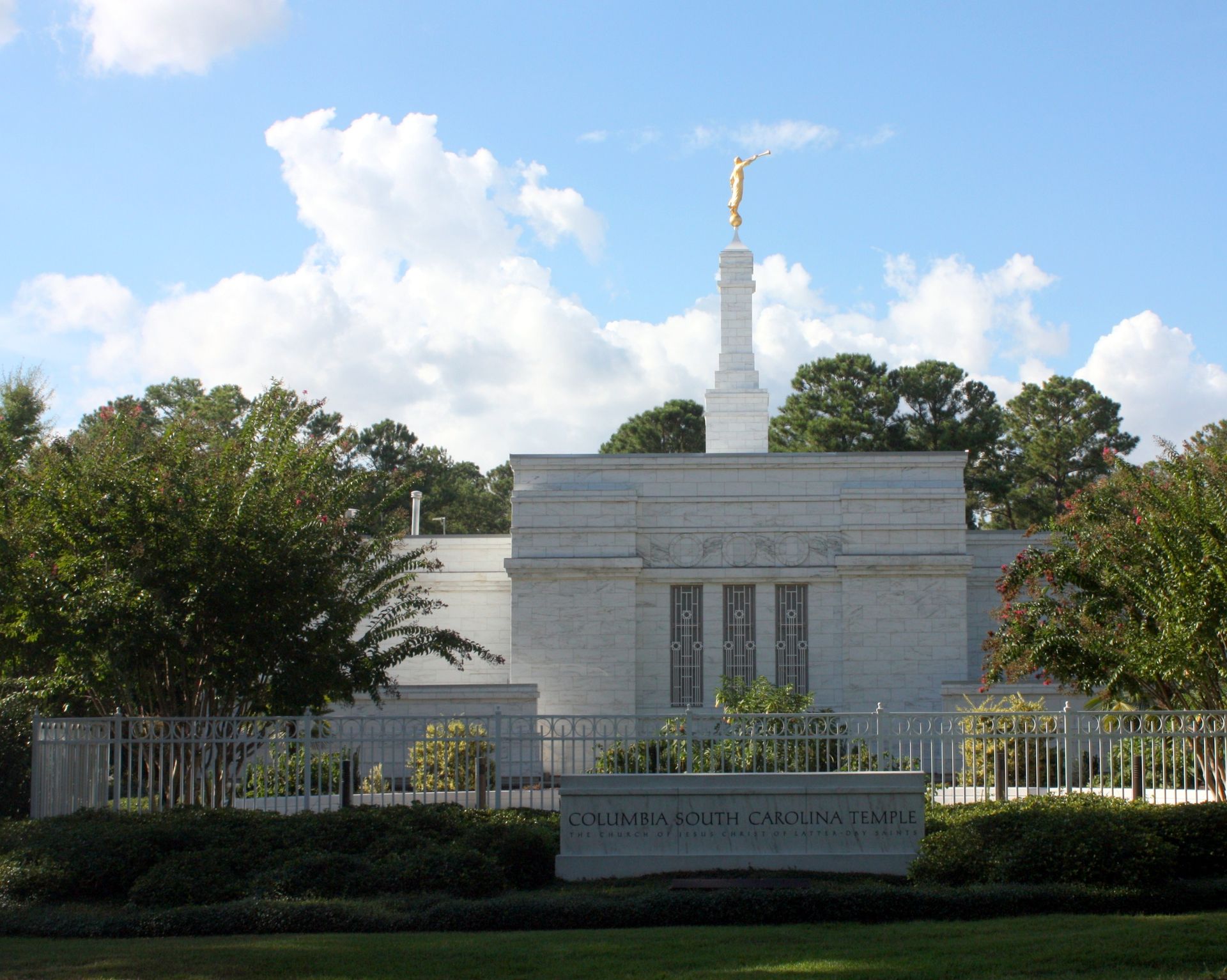 The temple name sign in front of the Columbia South Carolina Temple.