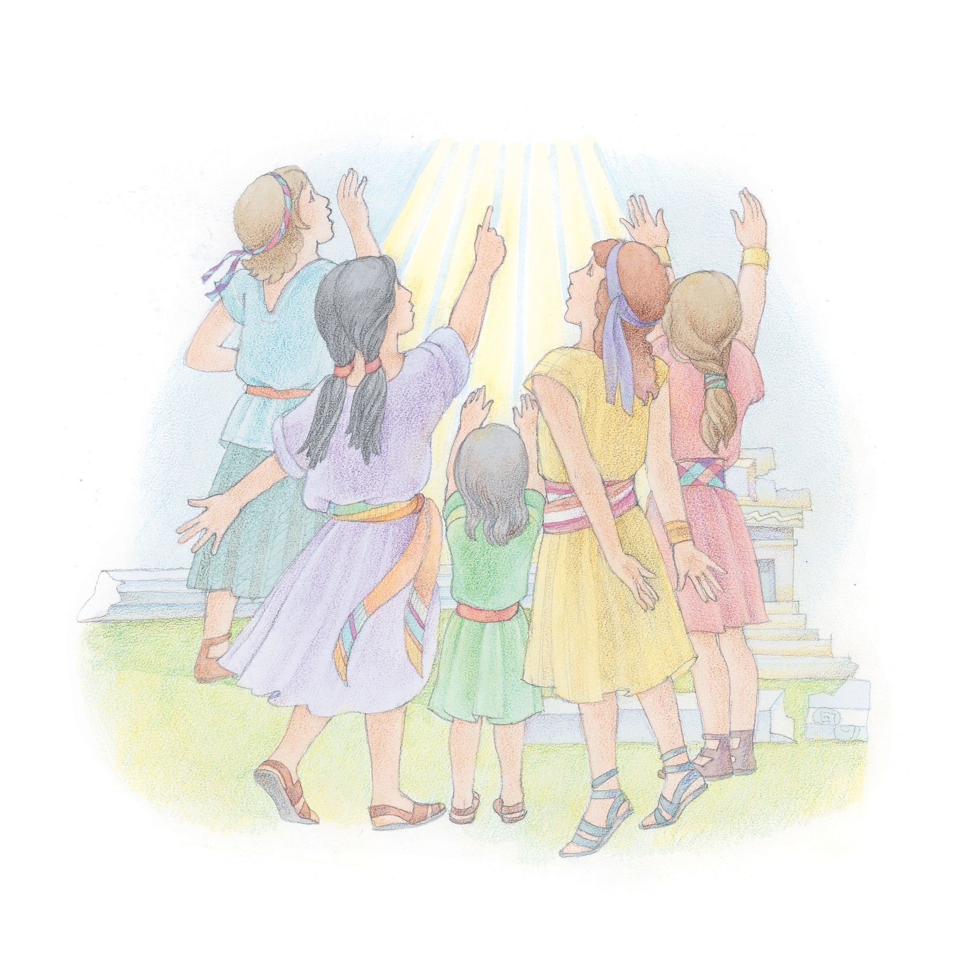 Book of Mormon–era young girls watching for Christ. From the Children’s Songbook, page 68, “Easter Hosanna”; watercolor illustration by Phyllis Luch.