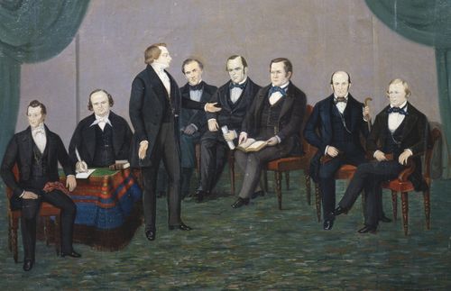 Joseph e Hyrum Smith e vários membros do Quórum dos Doze em Nauvoo