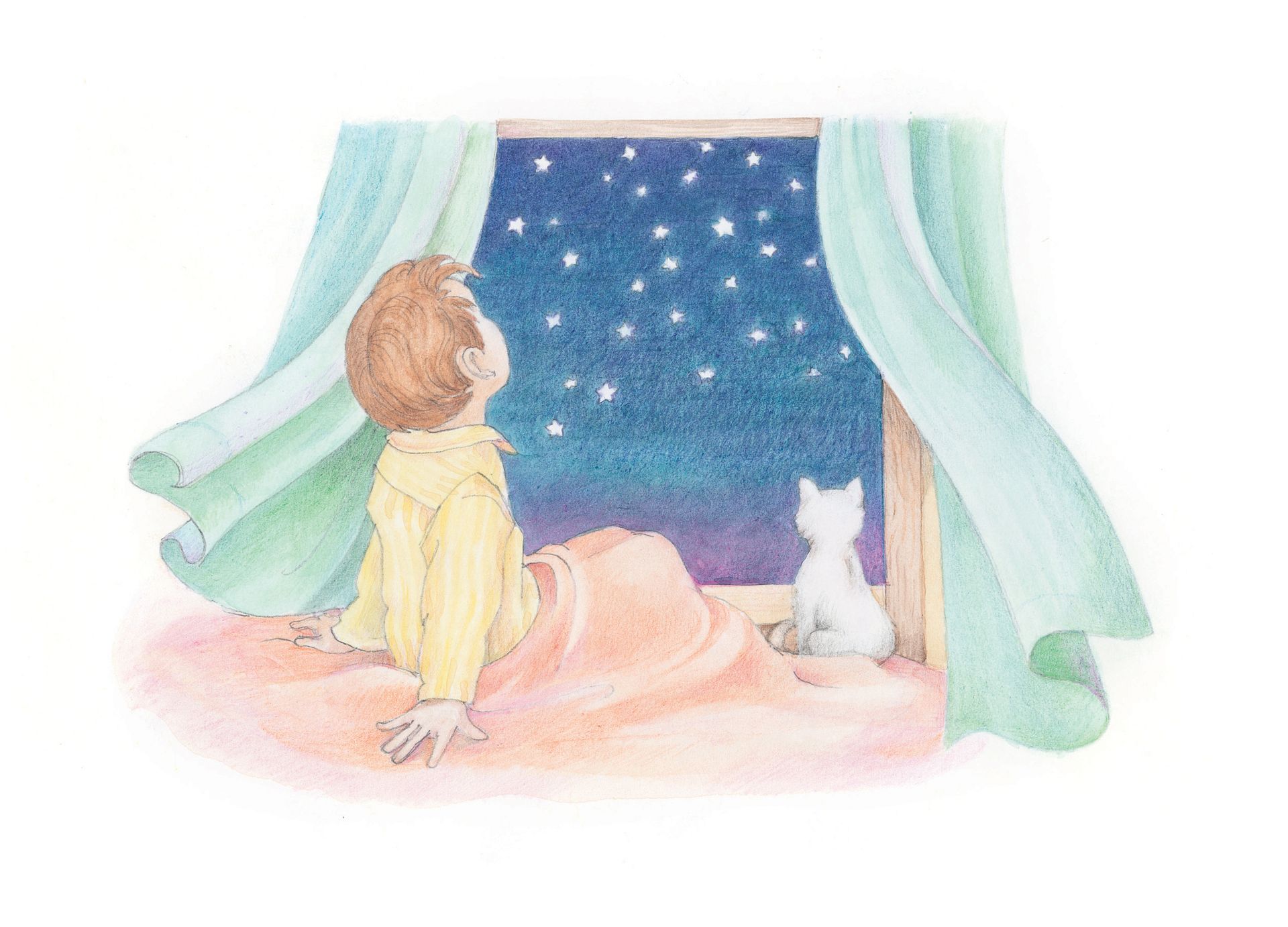 A boy and his cat looking out the window at the night sky. From the Children’s Songbook, page 8, “Father, We Thank Thee for the Night”; watercolor illustration by Phyllis Luch.