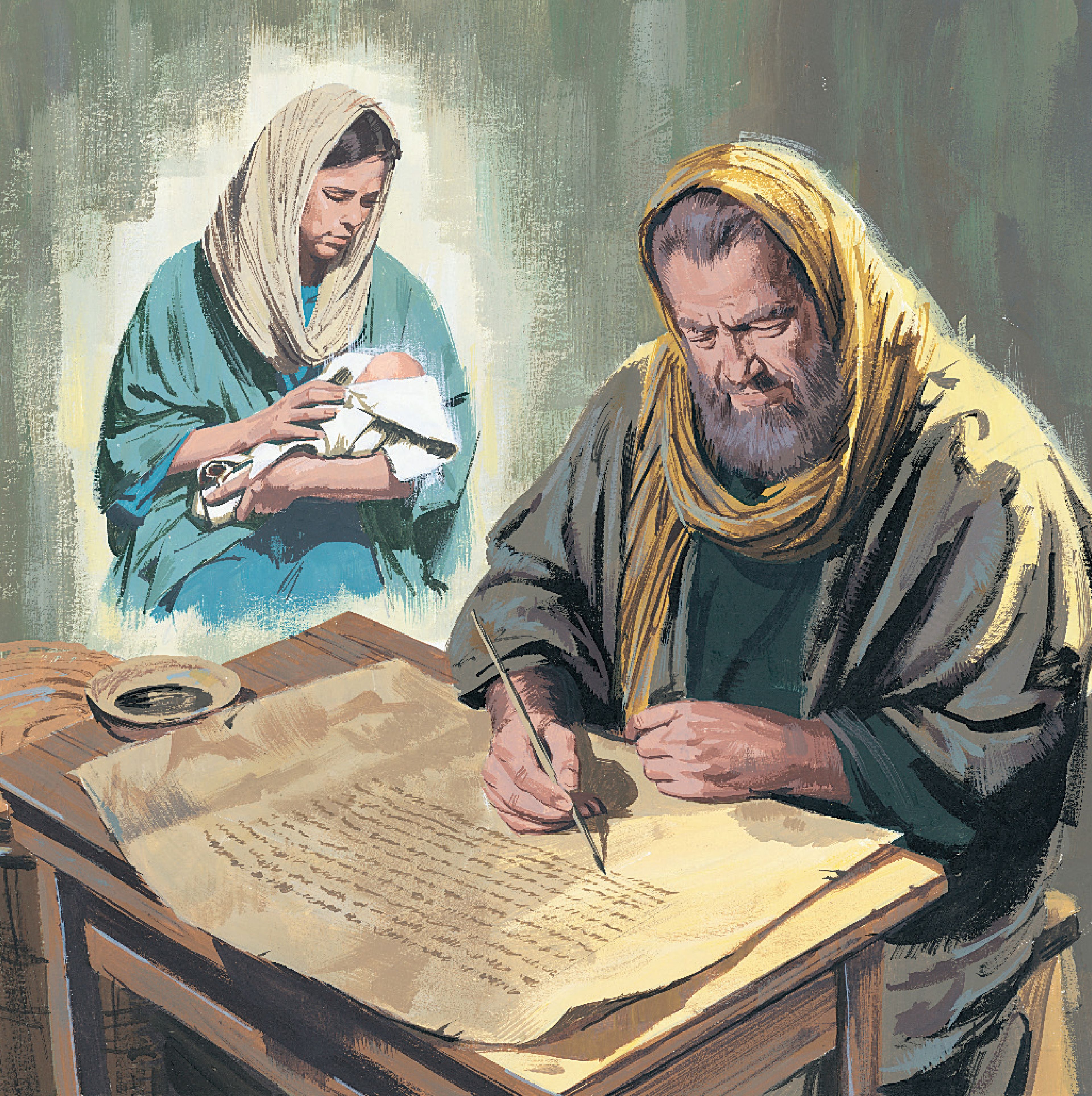 An illustration of a prophet writing a prophecy of Christ’s birth.