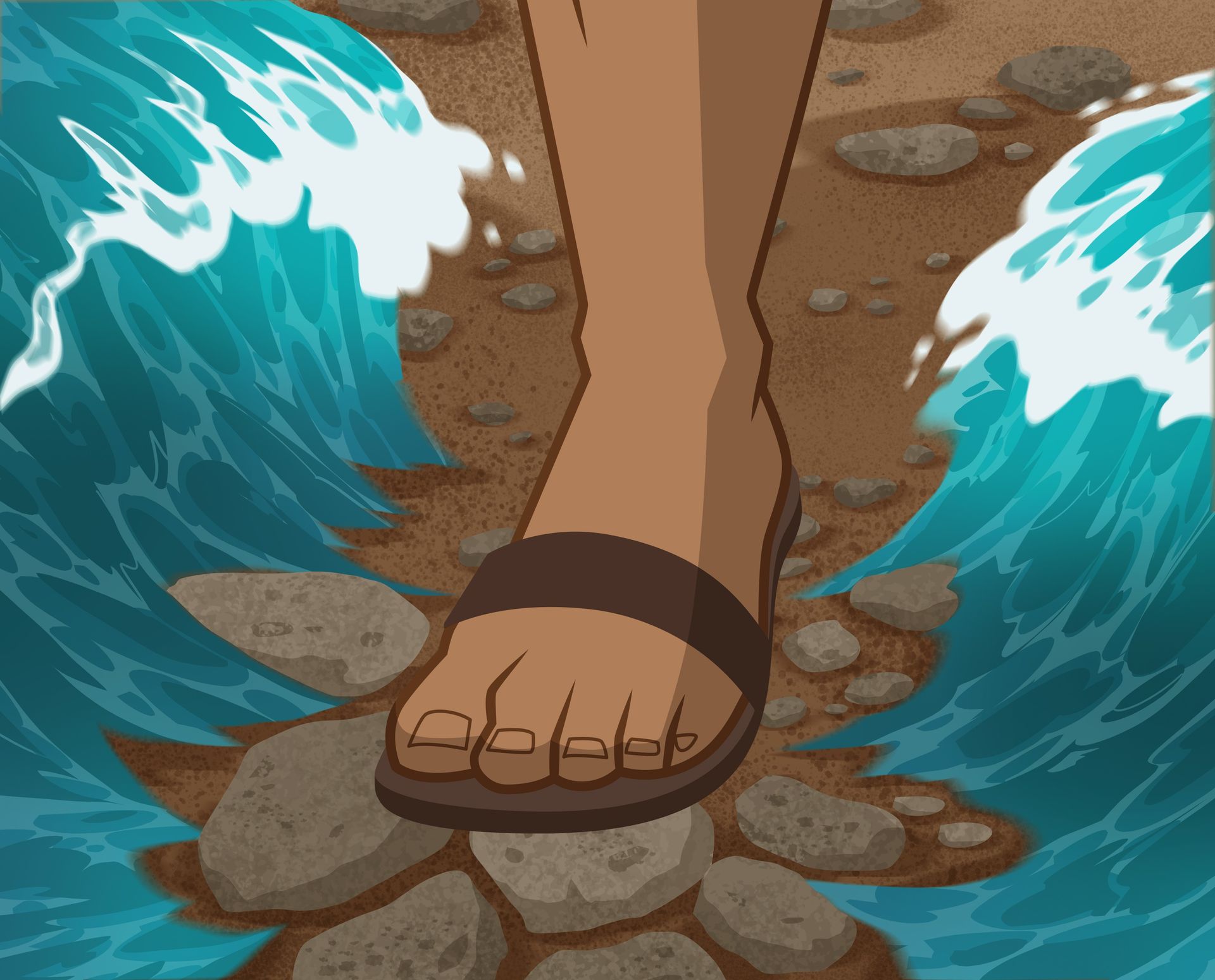 Illustration of water parting around foot. Joshua 3:12–17