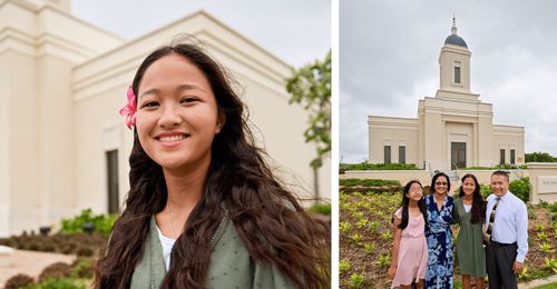 young woman and family at temple in Guam