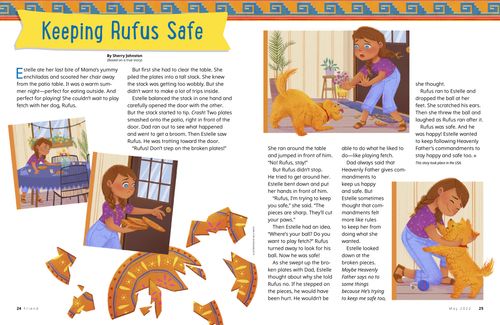 Story PDF with illustrations of a girl, a dog, and broken plates