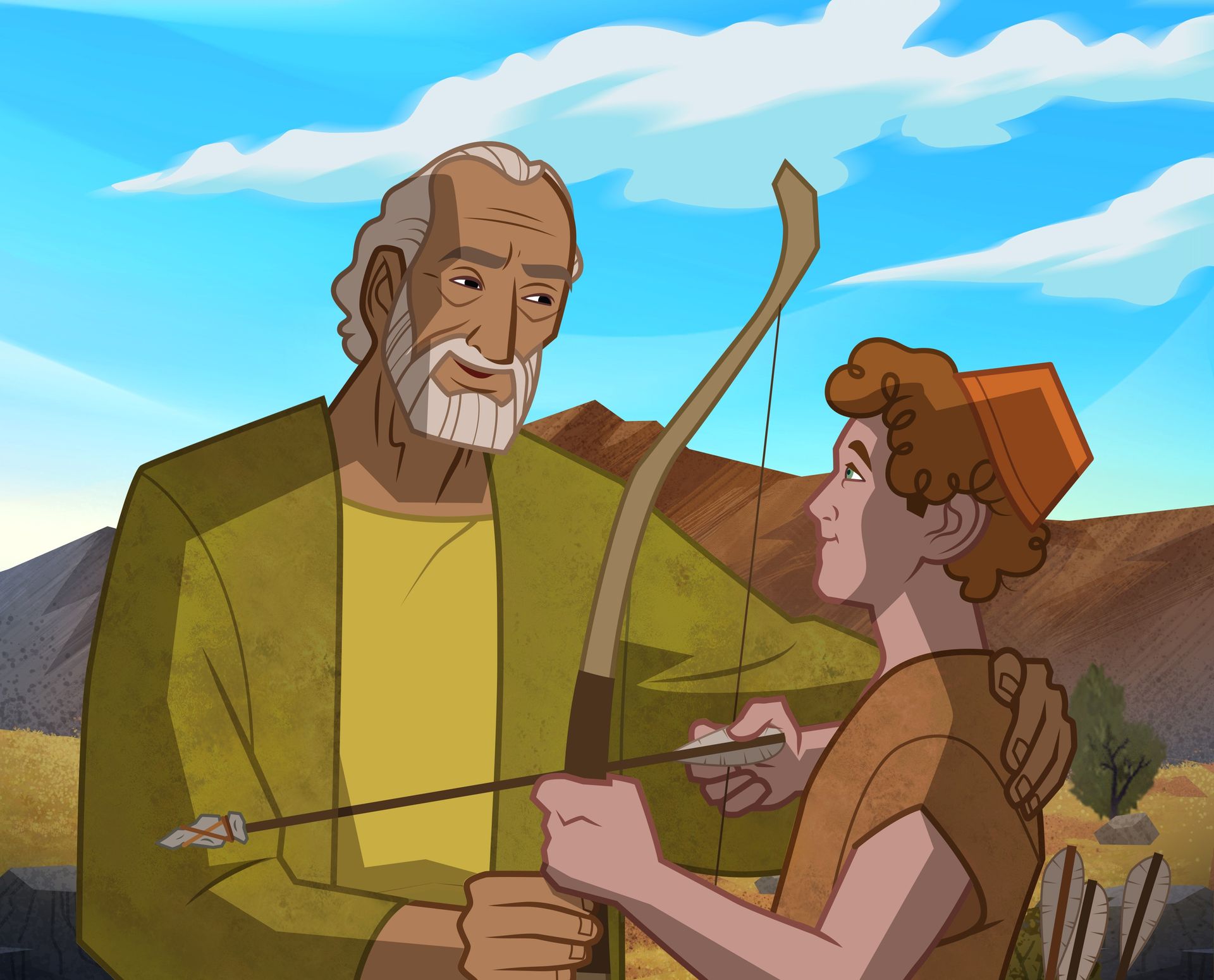 Illustration of Abraham teaching Isaac. Genesis 21:8