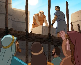 Nehemiah building wall, enemies watching