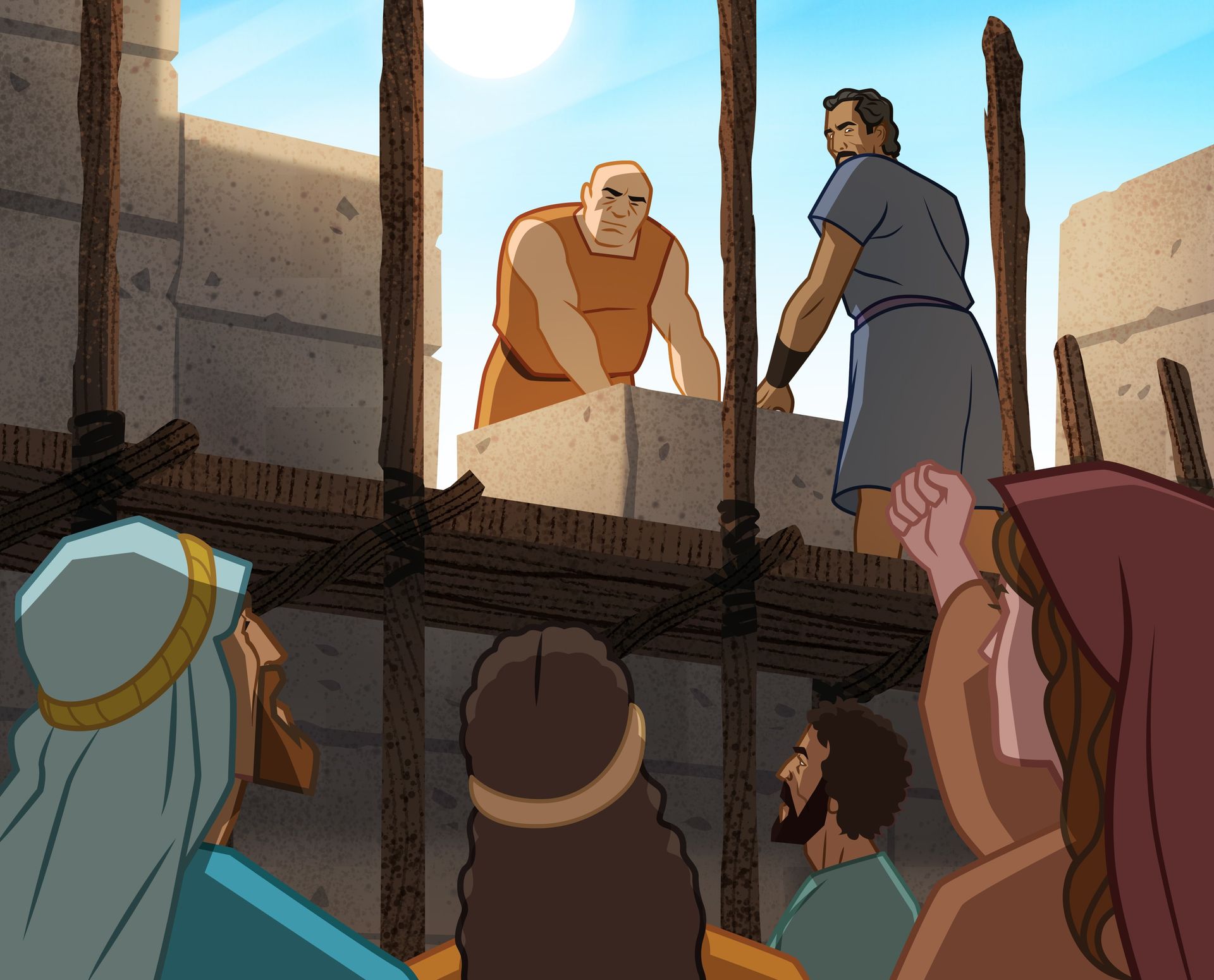Ilustración de Nehemías construyendo los muros, con los enemigos vigilando. 
Nehemías 2:17–20