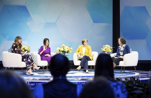 moderator and leaders at question and answer event during 2021 BYU Women’s Conference