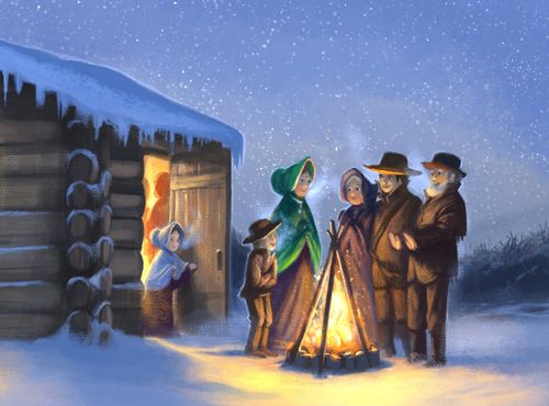 1. Winter night scene at a small cabin in Missouri in 1838. There are people inside and outside the cabin. Everyone is happy despite the cold. 2. Winter landscape. 3. 6 modern day children: Two boys talking, a girl reading a note, a sad looking boy, a boy and a girl talking to each other.