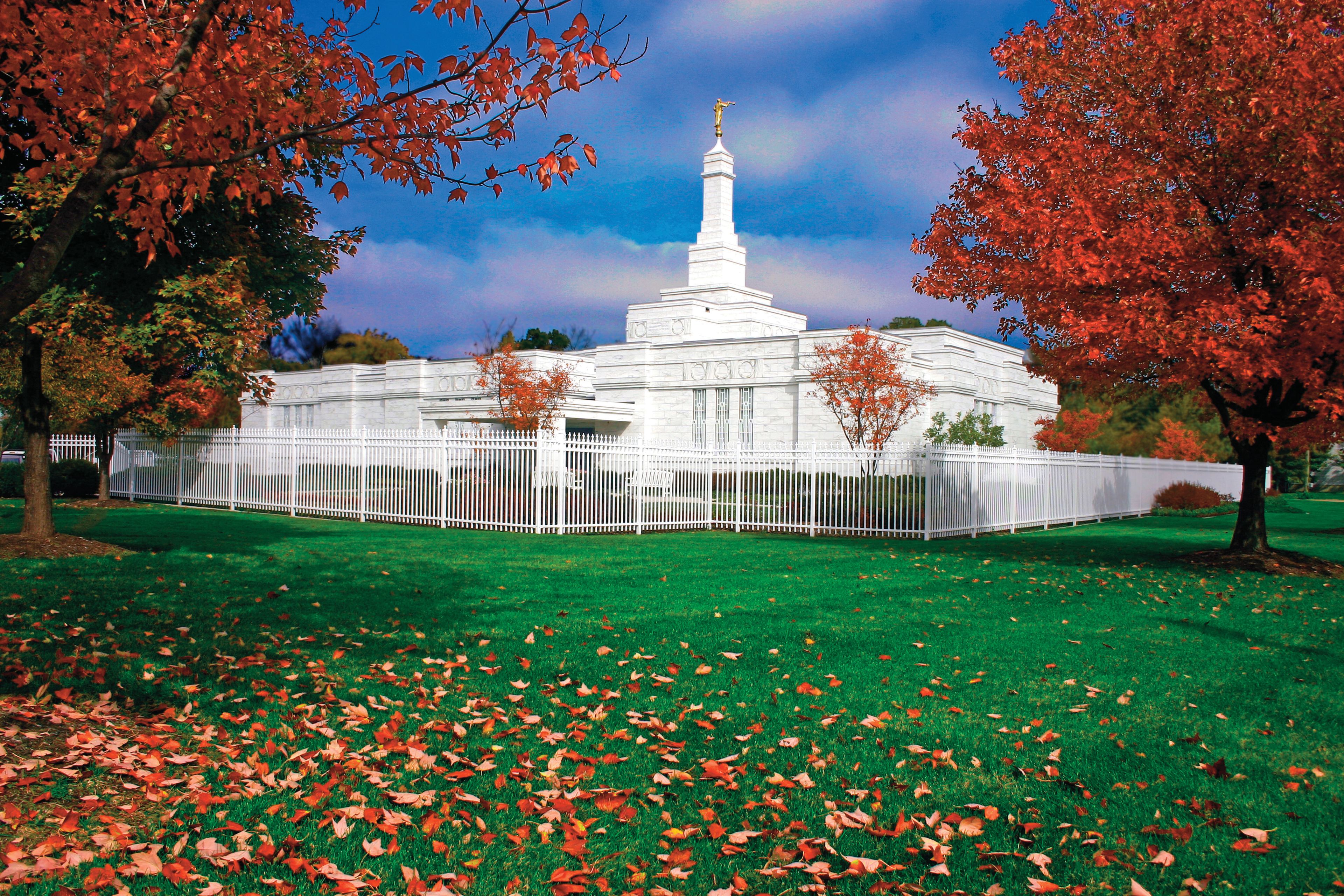 The Columbus Ohio Temple and grounds during the autumn season.