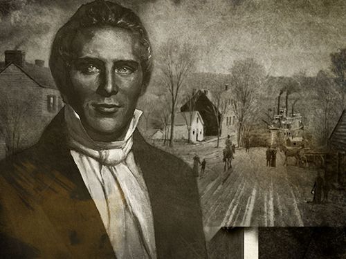 Portrait of Joseph Smith over an image of a town.