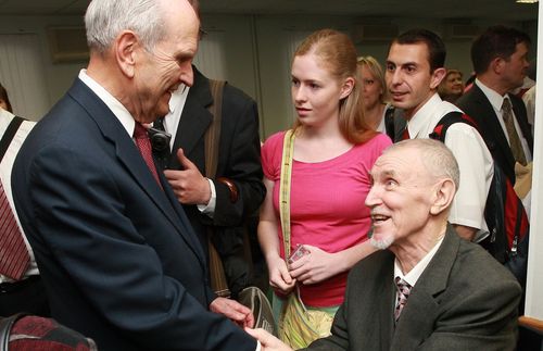 Russell M. Nelson greeting Saints in Moscow, Russia