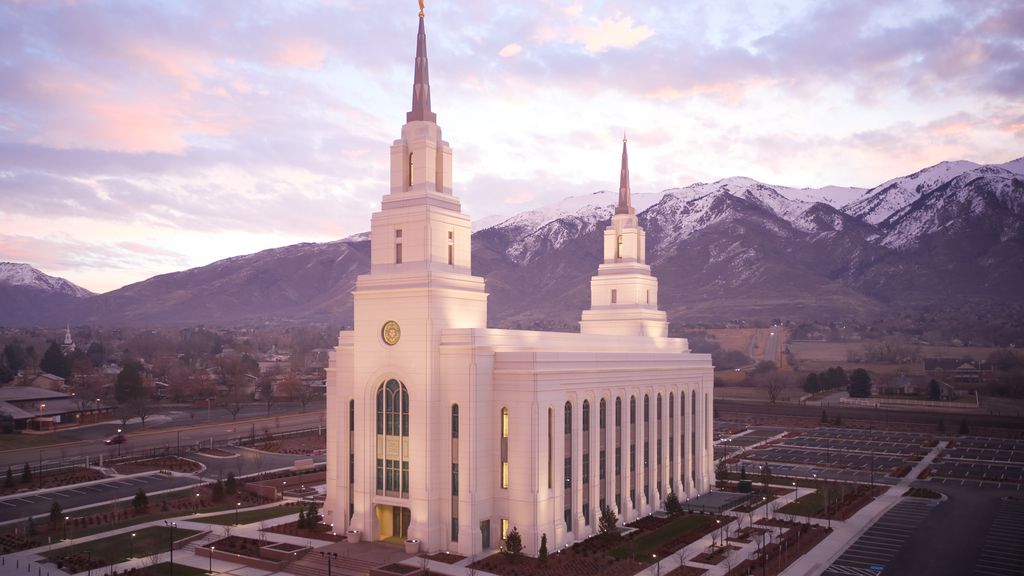 Exterior image of the Layton Utah Temple. The image features the architecture of the temple taken in the evening.