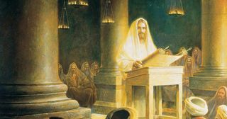 Christus onderwijst in de synagoge