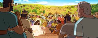 Jesus Christ sits with His disciples and the people and teaches them