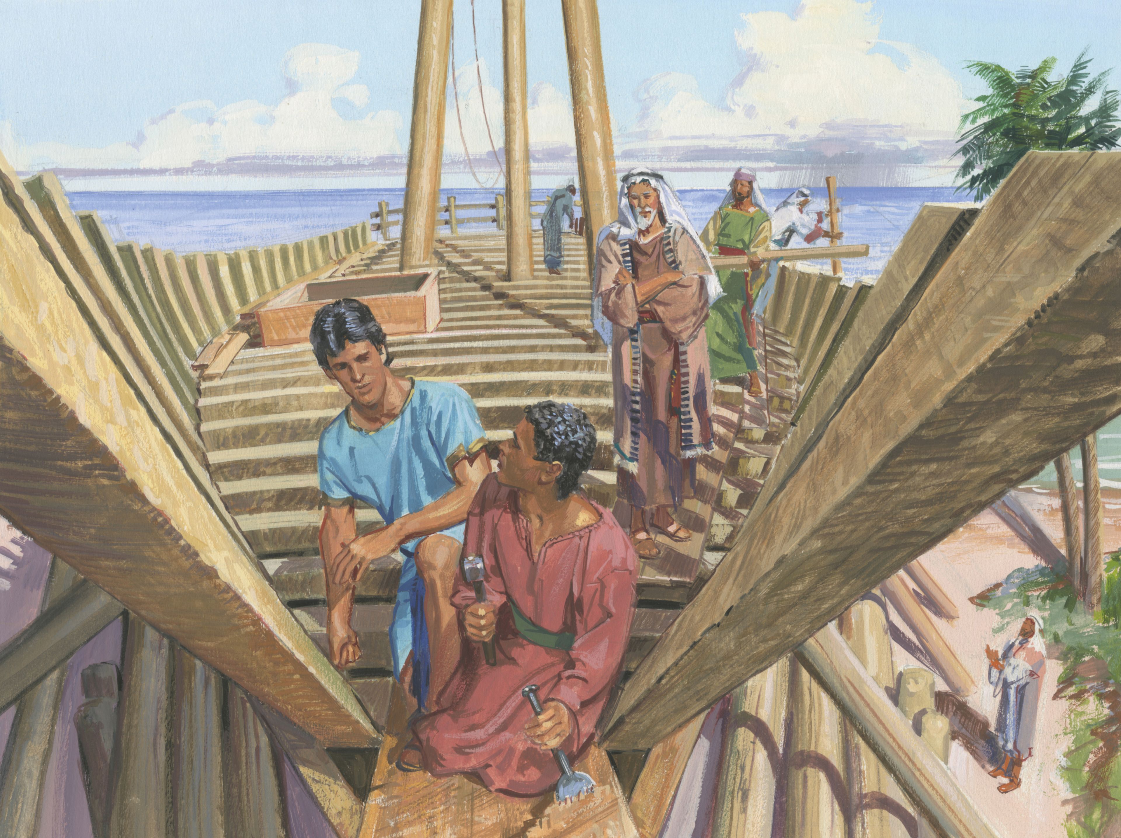 A painting by Jerry Thompson depicting Nephi building a ship; Primary manual 1-71