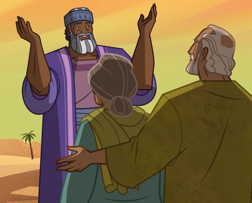 Illustration représentant Melchisédek parlant à Abraham et Sara. 
Genèse 14:18-24 ; Alma 13:15