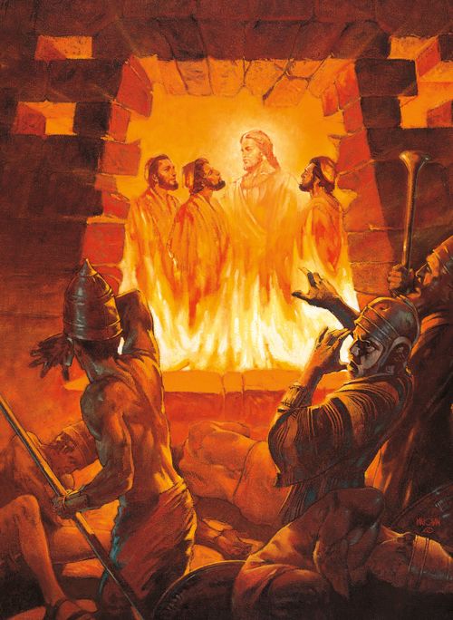 A painting by William Maughan of Shadrach, Meshach, Abednego, and the Lord in a hot furnace, with the soldiers at the entrance falling backward.