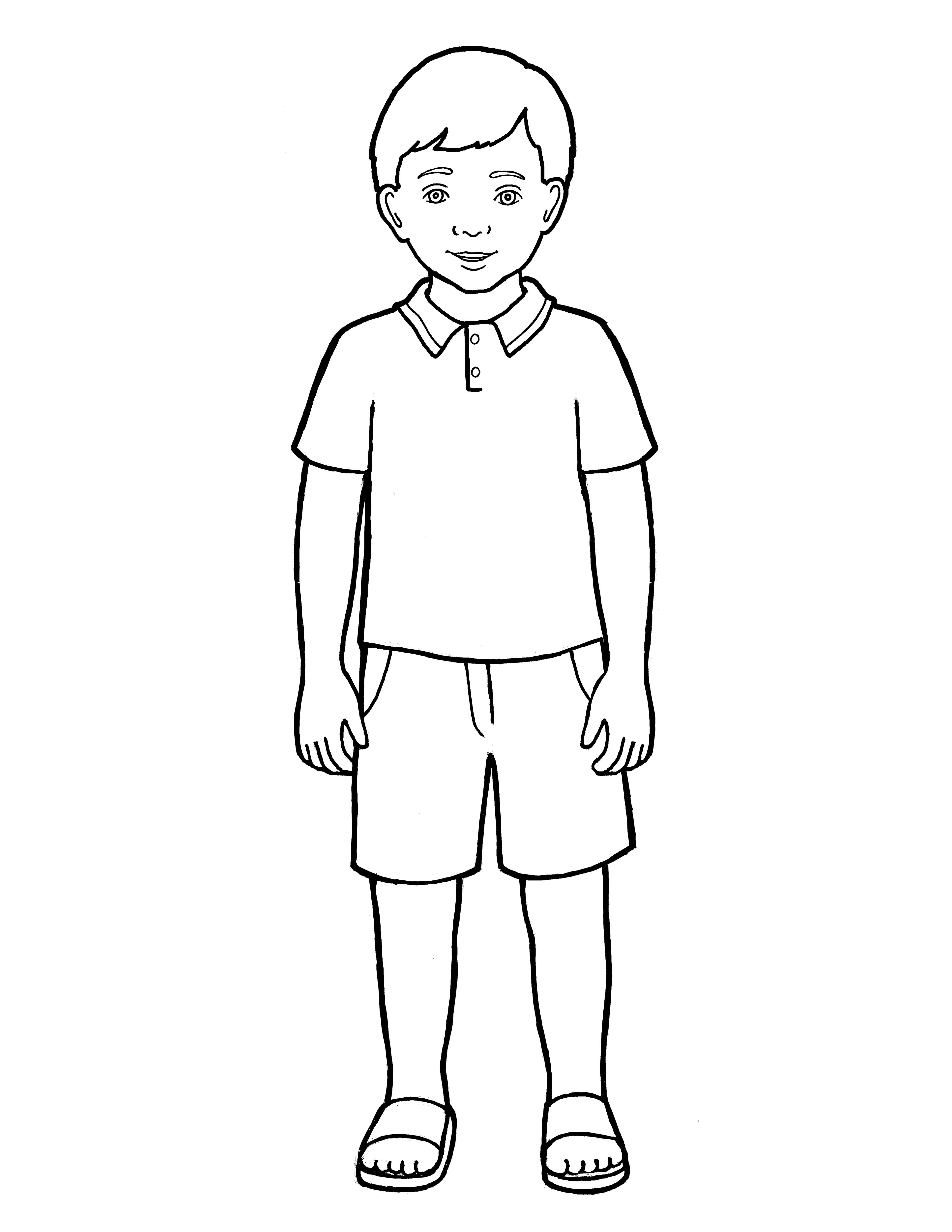 An illustration of a Primary-age boy standing, from the nursery manual Behold Your Little Ones (2008), page 43.