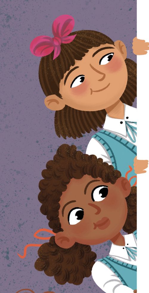 "1. 3 girls (about age 10) peeking around a corner. Ethnicity  represented, Caucasian, African American, and East Asian. 2. Stars for title treatment. 3. A teacher seeing a data-poster the girls have made. Stars and smiley faces and handwritten notes.  4. Spot illustration of Rylie and friend high-fiving."