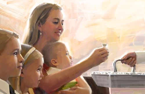Mother and children taking the sacrament