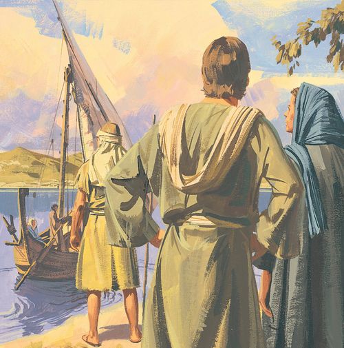 Paul's friends see him off in a boat. - ch.62-3