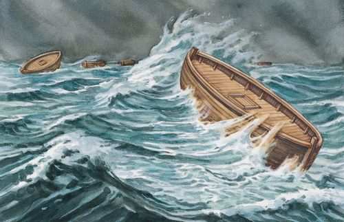 Jaredite barges being tossed in the ocean. Ether 6:4-5