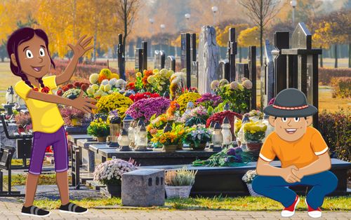 Margo and Paolo at a cemetery with flowers