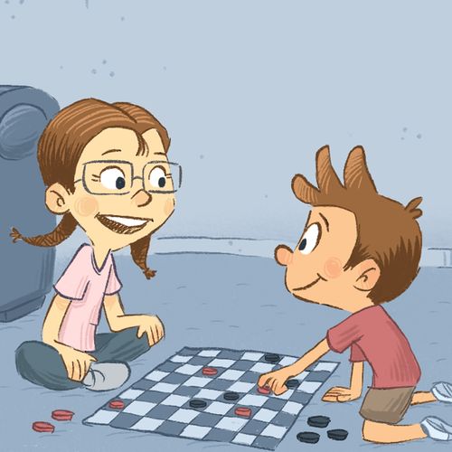 sister and brother playing checkers