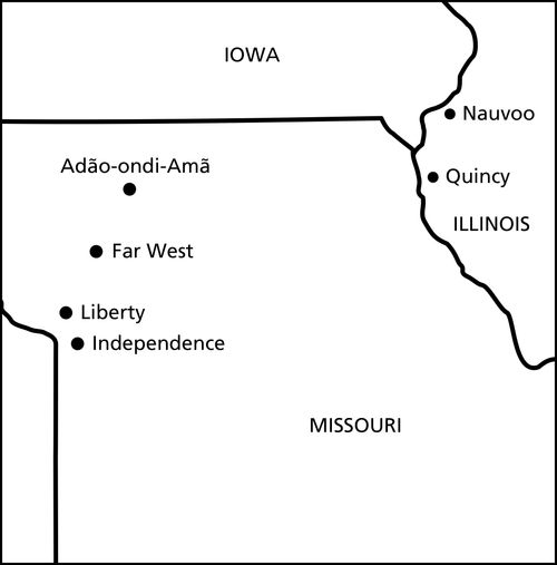 um mapa dos locais históricos da Igreja no Missouri e em Illinois