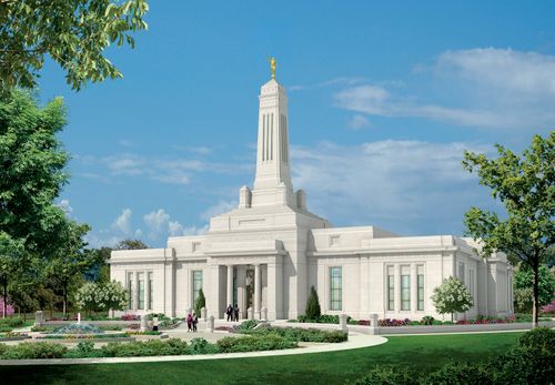 An artist’s rendering of the Indianapolis Indiana Temple, with people walking on the grounds.