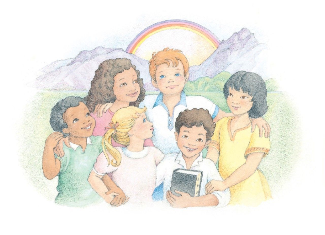 Six friends stand together in front of a nature scene. From the Children’s Songbook, page 112, “The Commandments”; watercolor illustration by Phyllis Luch.