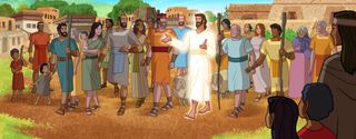 Jesus Christ walks with His disciples and other people and teaches them