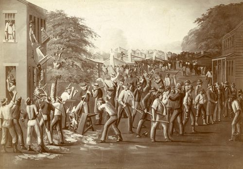 ilustração de uma turba de homens invadindo uma gráfica