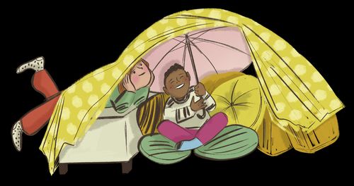 Four illustrations depicting various children's activities. 1. Bowl of candy. 2. Children dancing 3, Children making an indoor tent with blankets 4. Child playing a game.