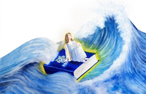 woman afloat on a Book of Mormon on the sea