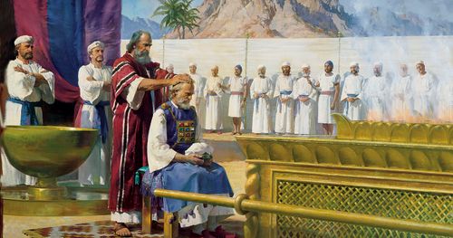 The Old Testament prophet Moses ordaining his brother Aaron to the ministry. Aaron is seated in a chair before Moses. Several priests are gathered around watching. The ordination is depicted in the interior courtyard of the tabernacle in the wilderness.