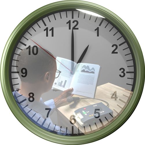 clock with a reflection showing a man recording himself reading a book