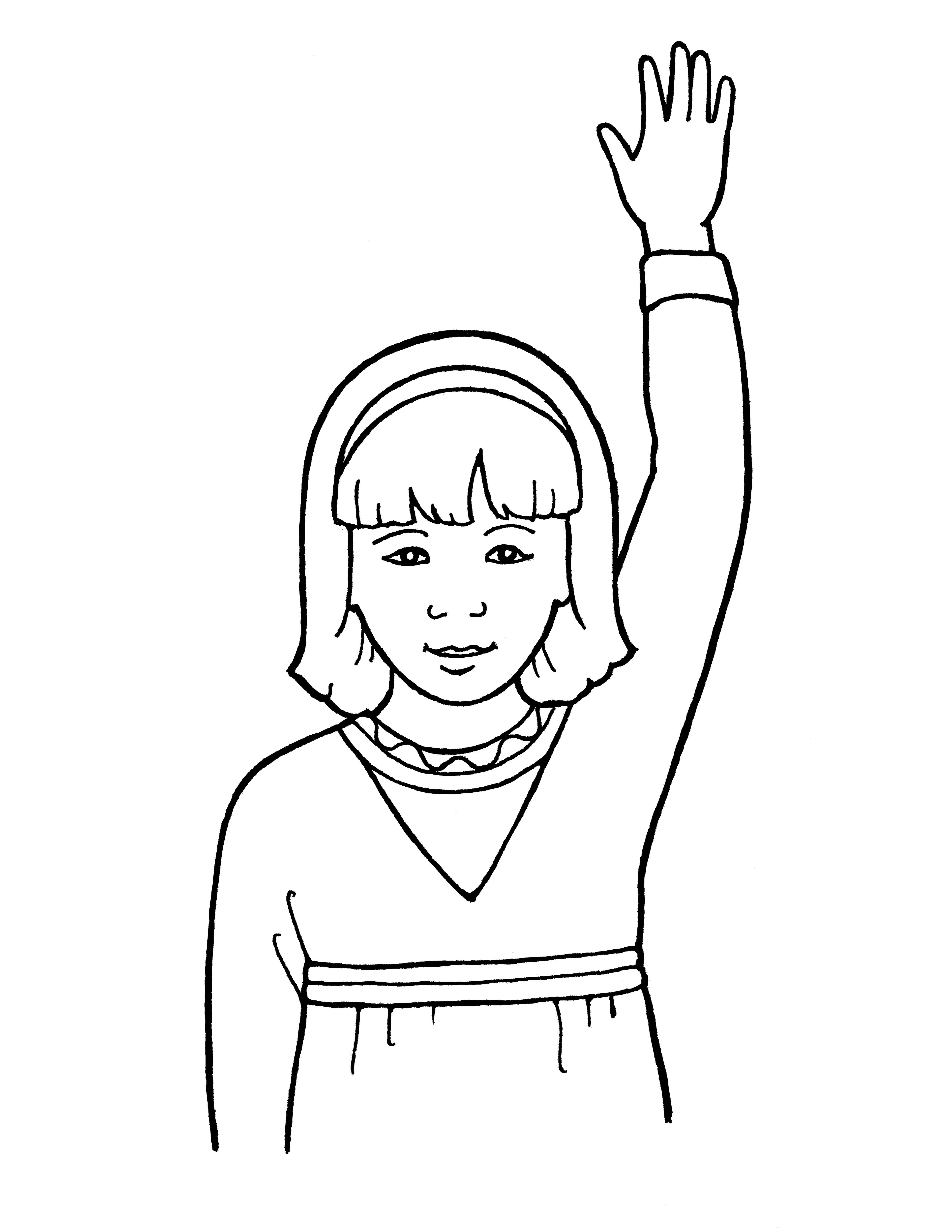 An illustration of a young girl reverently raising her hand.